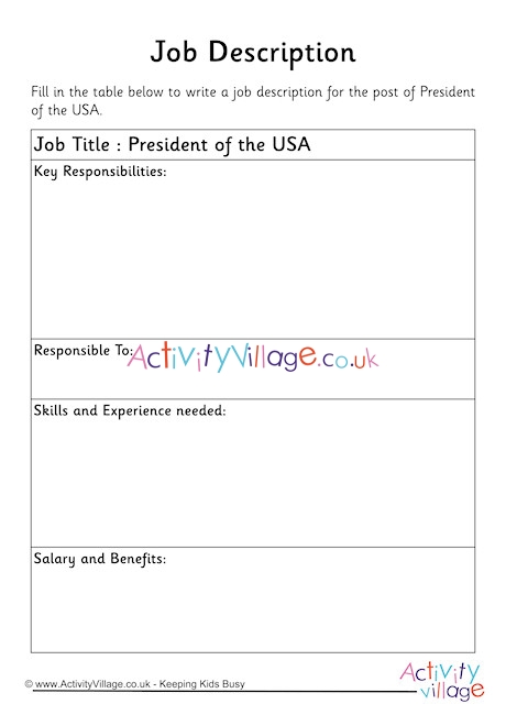 President of the USA Job Description Worksheet