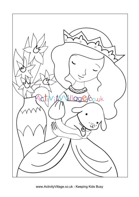 Princess and puppy colouring page