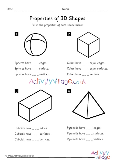 Properties of 3d shapes worksheet - first 4 shapes