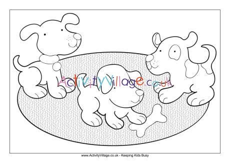 Puppies playing colouring page