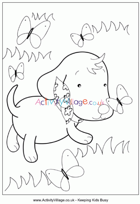 Puppy and butterflies colouring page