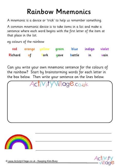 Rainbow mnemonics worksheet