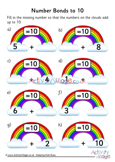 Rainbow number bonds worksheet to 10