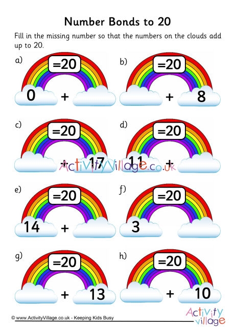 Rainbow number bonds worksheet to 20