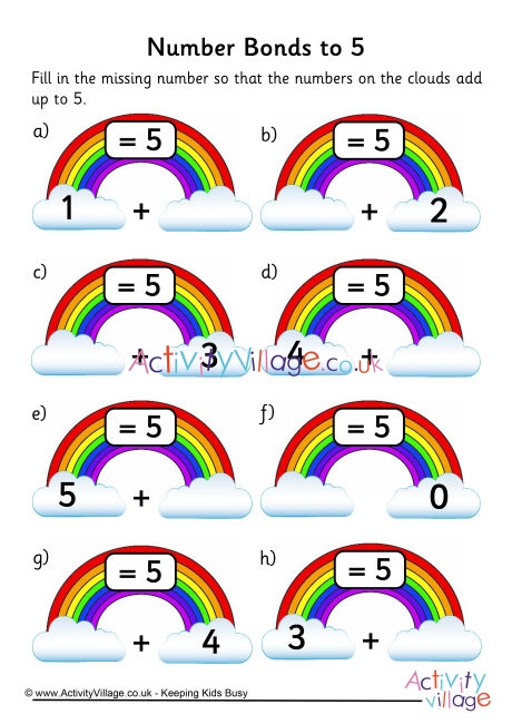 Rainbow number bonds worksheet to 5