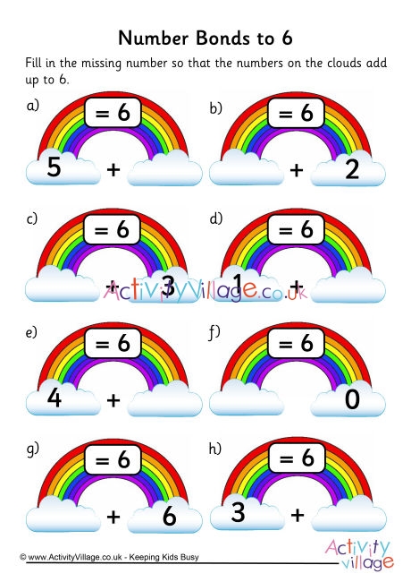 Rainbow number bonds worksheet to 6