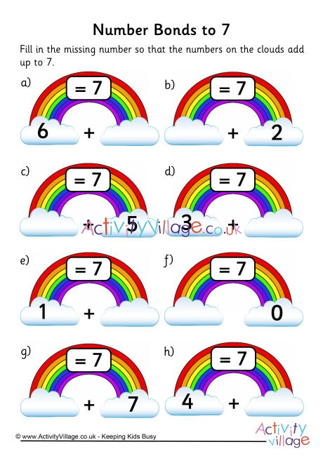 Rainbow number bonds worksheet to 7