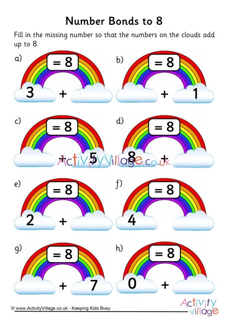 Rainbow number bonds worksheet to 8