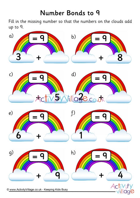 Rainbow number bonds worksheet to 9