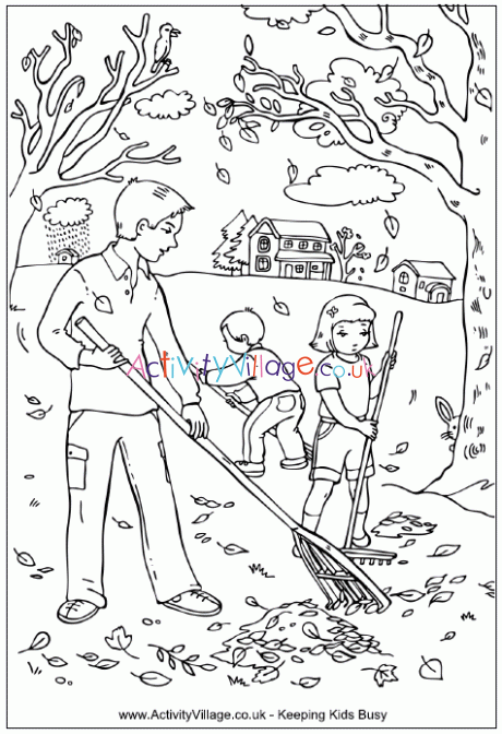 Raking Leaves Colouring Page