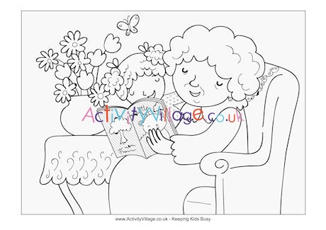 Reading with grandma colouring page