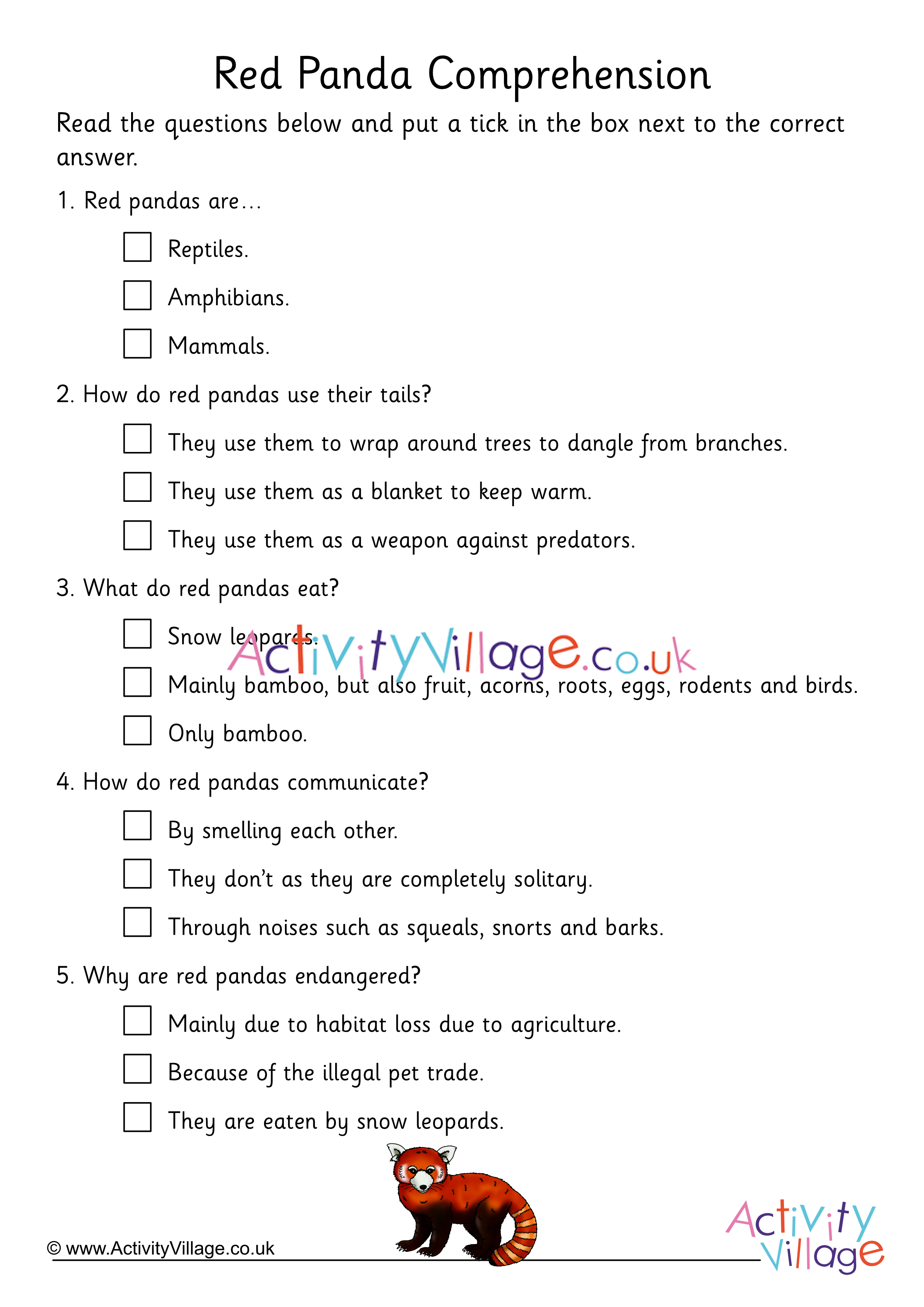 Red panda comprehension multiple choice