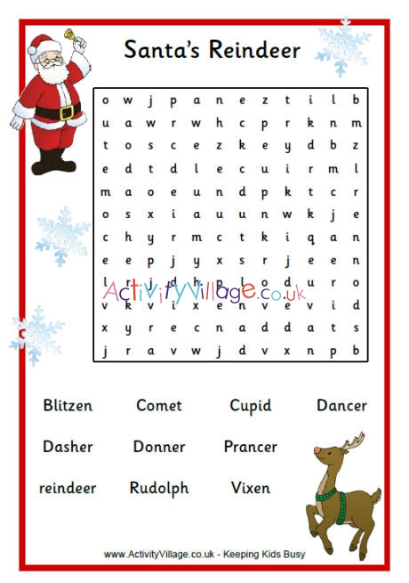 Santa's Reindeer Word Search Puzzle
