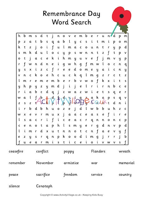Remembrance Day word search