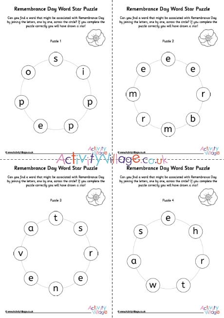 Remembrance Day word star puzzles