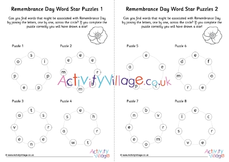 Remembrance Day word star puzzles - 4 per page