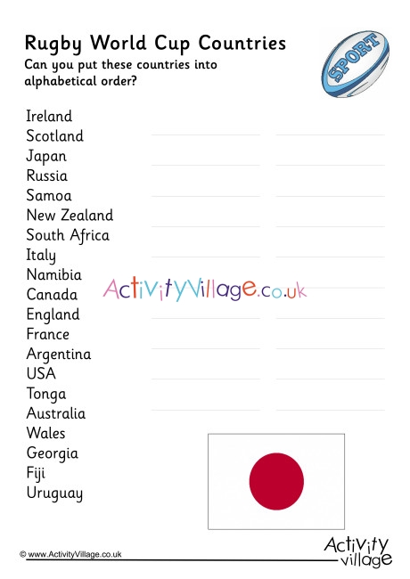 Rugby World Cup 2019 Alphabetical Order Worksheet