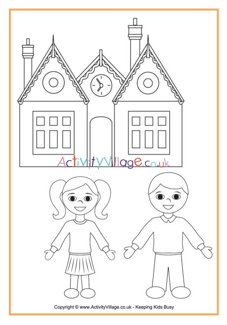 School colouring page with children