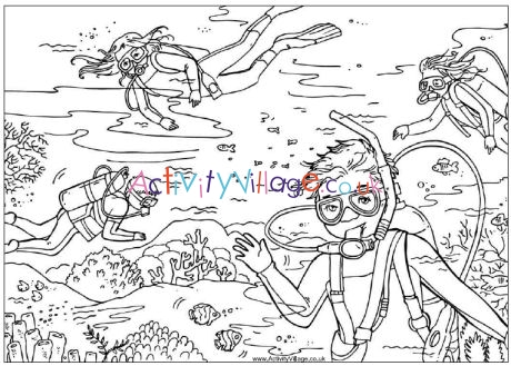 Scuba diving colouring page