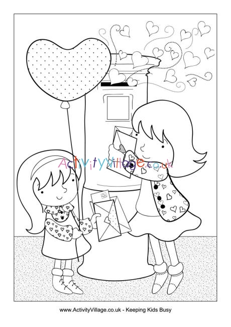Sending a Valentine colouring page 