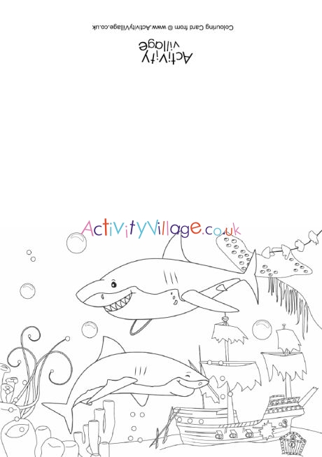 Sharks scene colouring card