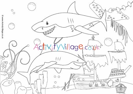 Sharks scene colouring page