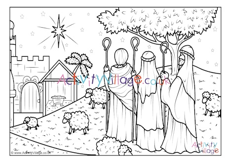 Shepherds looking down to Bethlehem colouring page