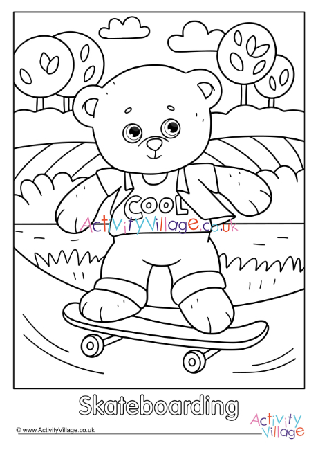 Skateboarding Teddy Bear Colouring Page 2