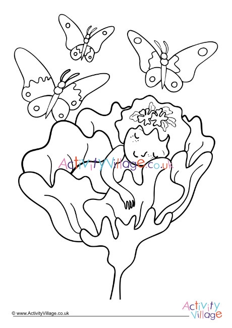 Sleeping fairy colouring page