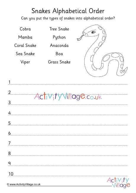 Snake Species Alphabetical Order Worksheet 