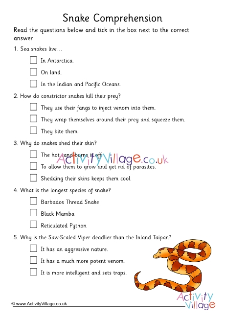 Snake Comprehension Multiple Choice Questions 