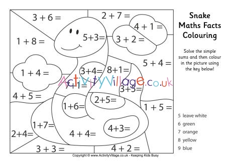 Snake maths facts colouring page
