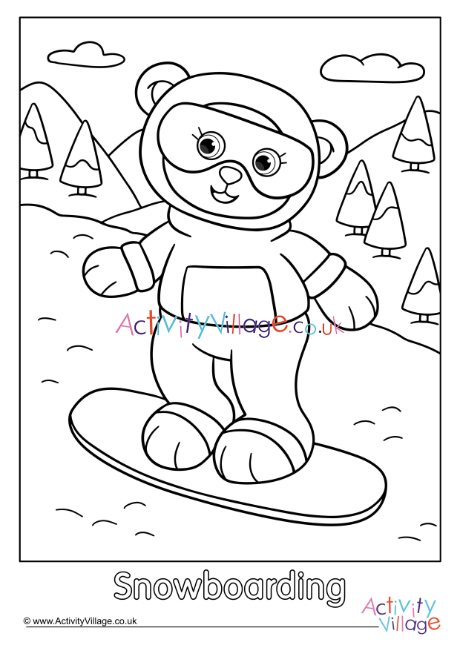 Snowboarding Teddy Bear Colouring Page 2