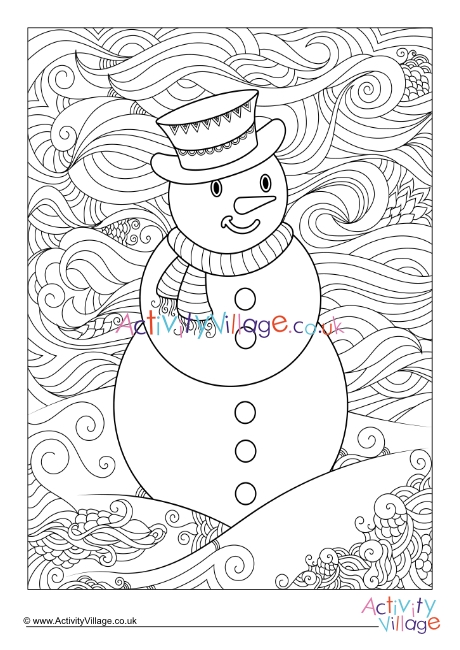 Snowman doodle colouring page