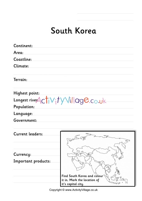 South Korea Fact Worksheet