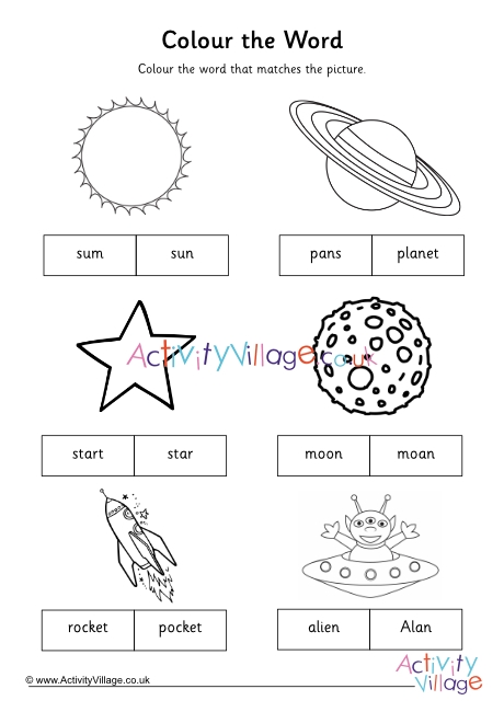Space colour the word worksheet