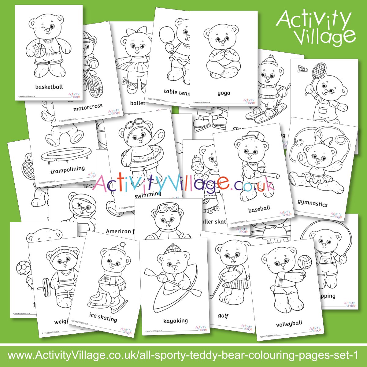 Sporty teddy bear colouring pages set 1