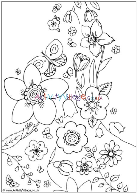 Spring flowers colouring page