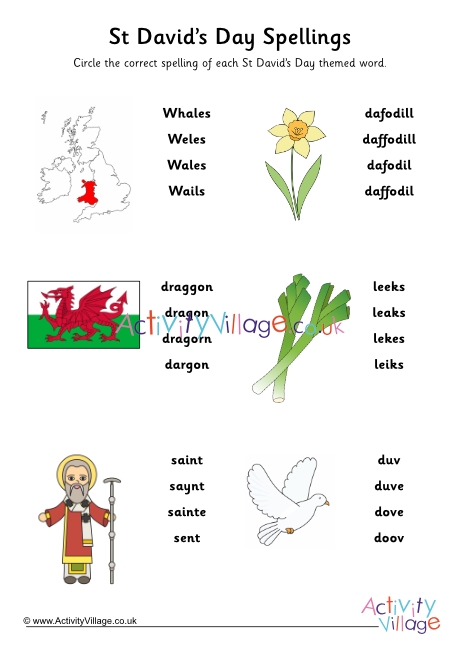 St David's Day spellings worksheet