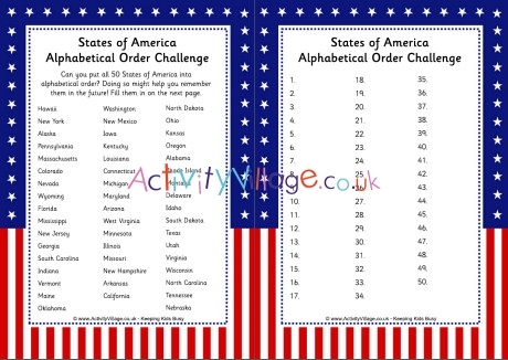 States of America alphabetical order challenge