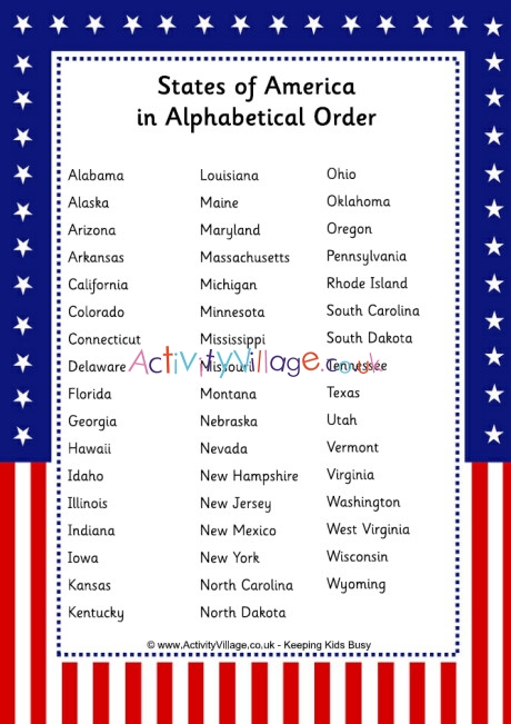 States of America in alphabetical order