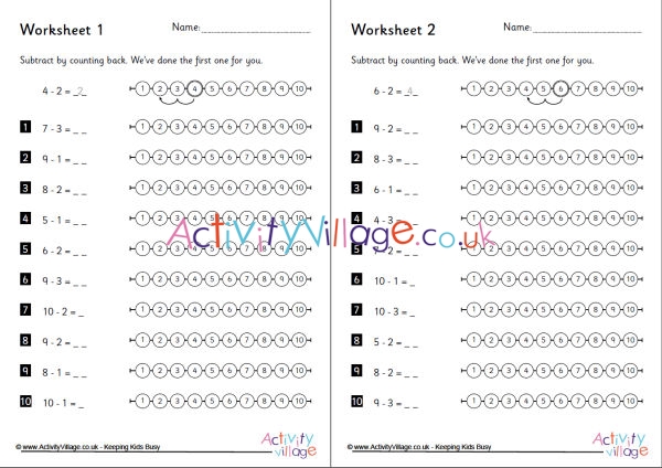 Subtraction by counting back worksheets set 1