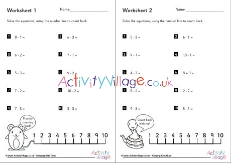 Subtraction by counting back worksheets set 2