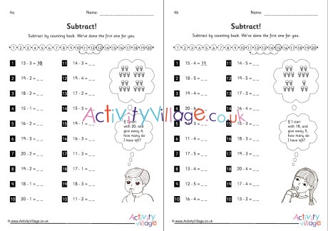 Subtraction by counting back worksheets set 4