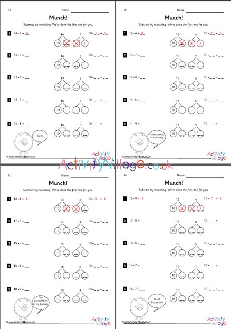 Subtraction with the munching method worksheets set 1