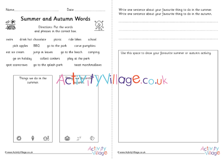 Summer and autumn word and sentence skills worksheet KS1