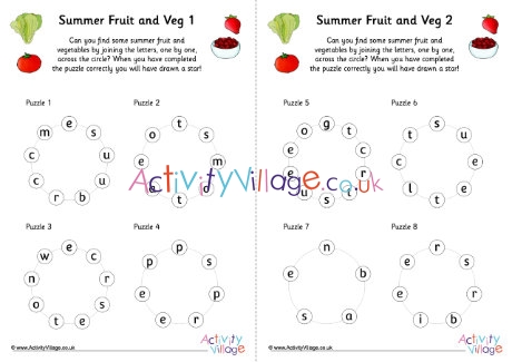Summer fruit and veg word star puzzles