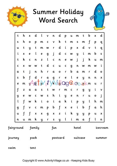 summer holiday word search difficult