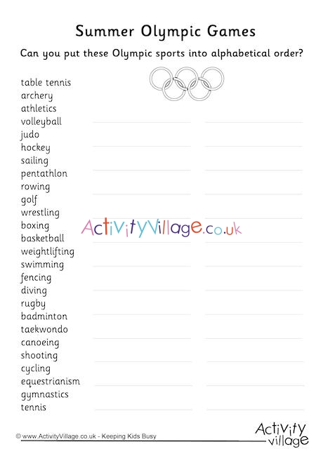 Summer Olympics Alphabetical Order Worksheet