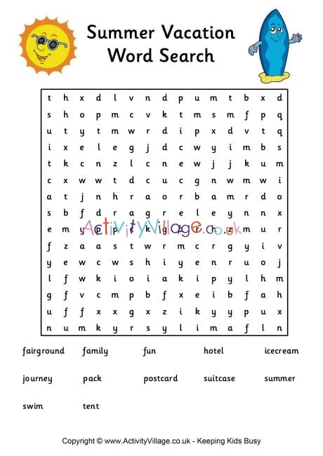 Summer vacation word search - Difficult